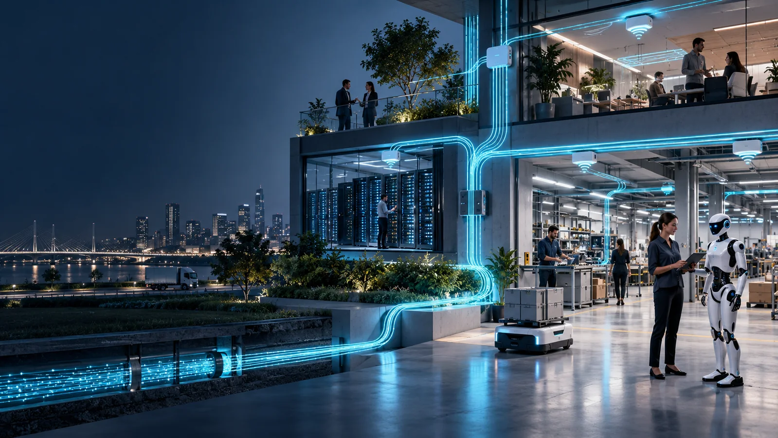 Infrastructure numérique reliant réseau, intelligence artificielle et robotique